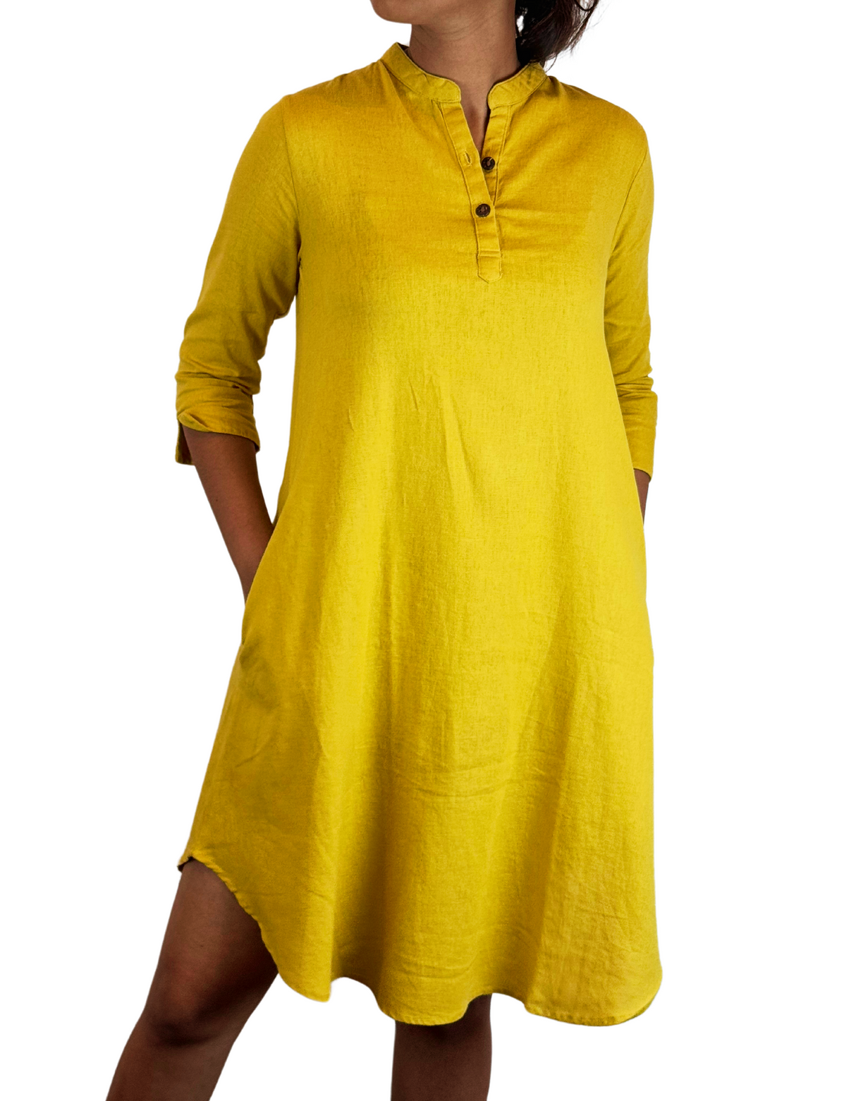 Chinese Neck 3/4 Sleeve Linen Dress by M&M Linen Collections