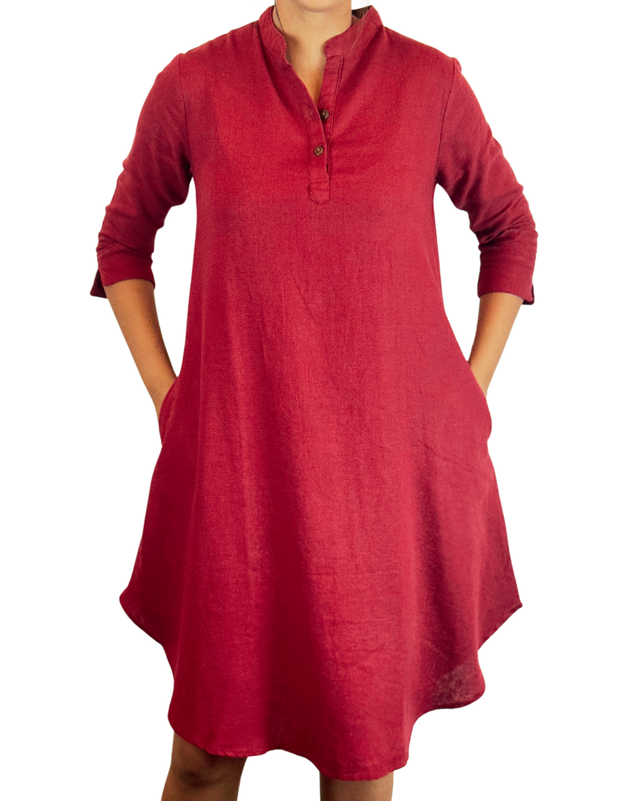 Chinese Neck 3/4 Sleeve Linen Dress by M&M Linen Collections