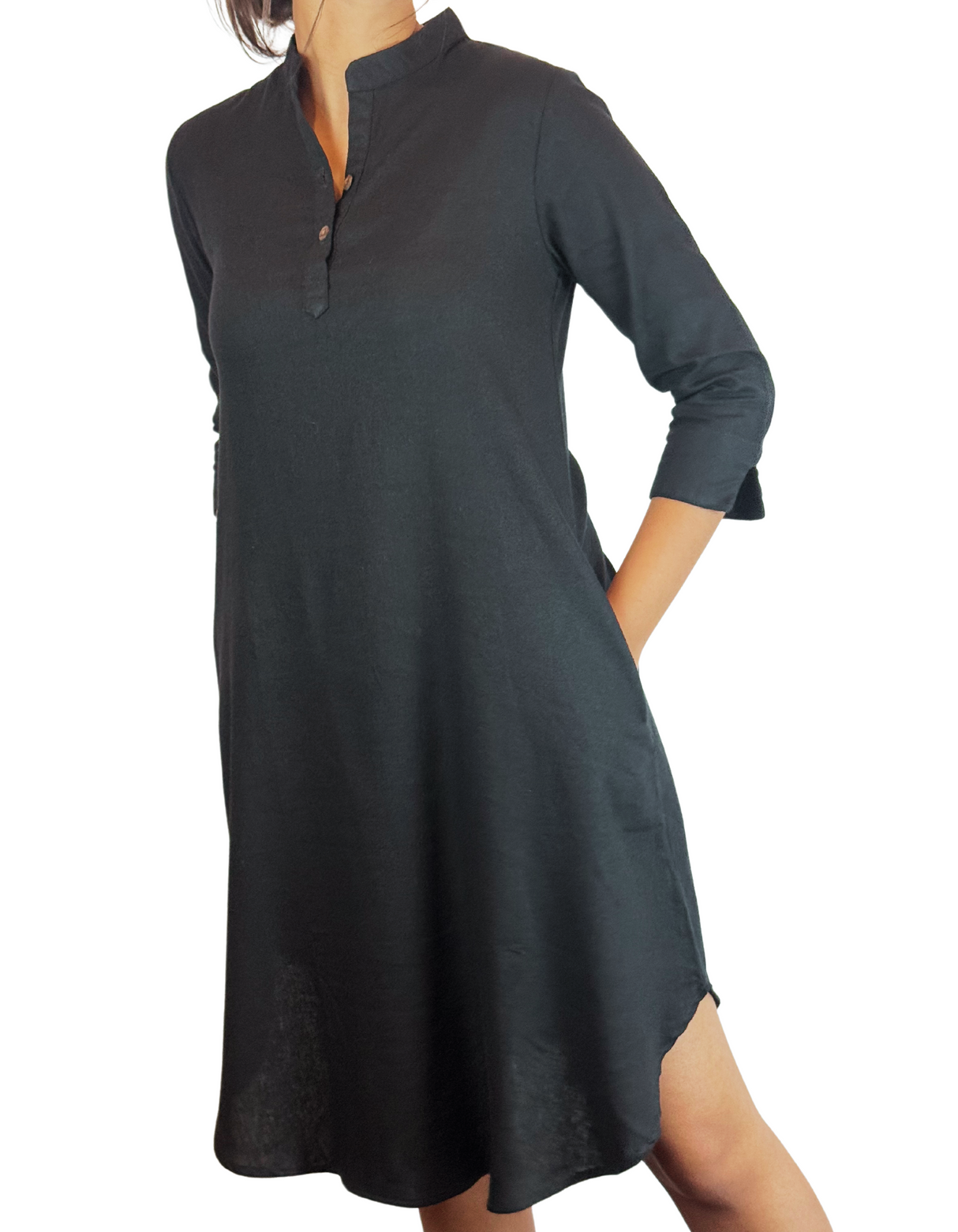 Chinese Neck 3/4 Sleeve Linen Dress by M&M Linen Collections