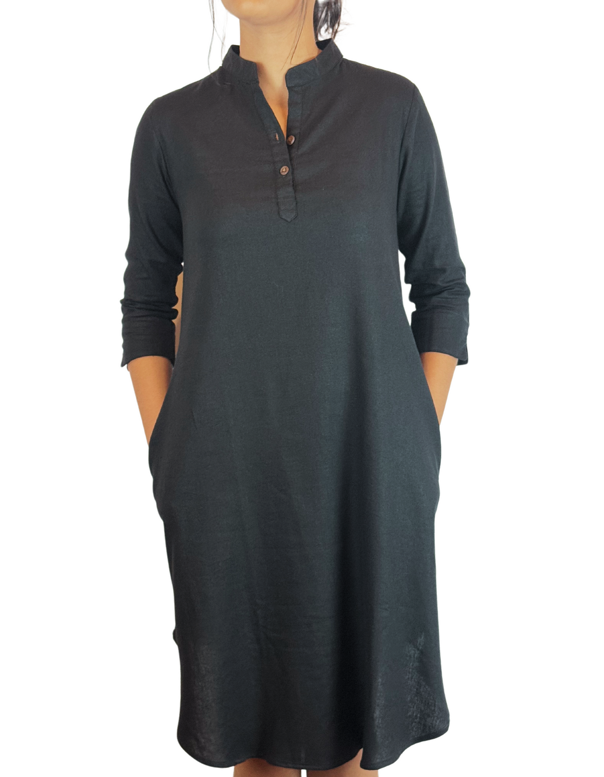 Chinese Neck 3/4 Sleeve Linen Dress by M&M Linen Collections