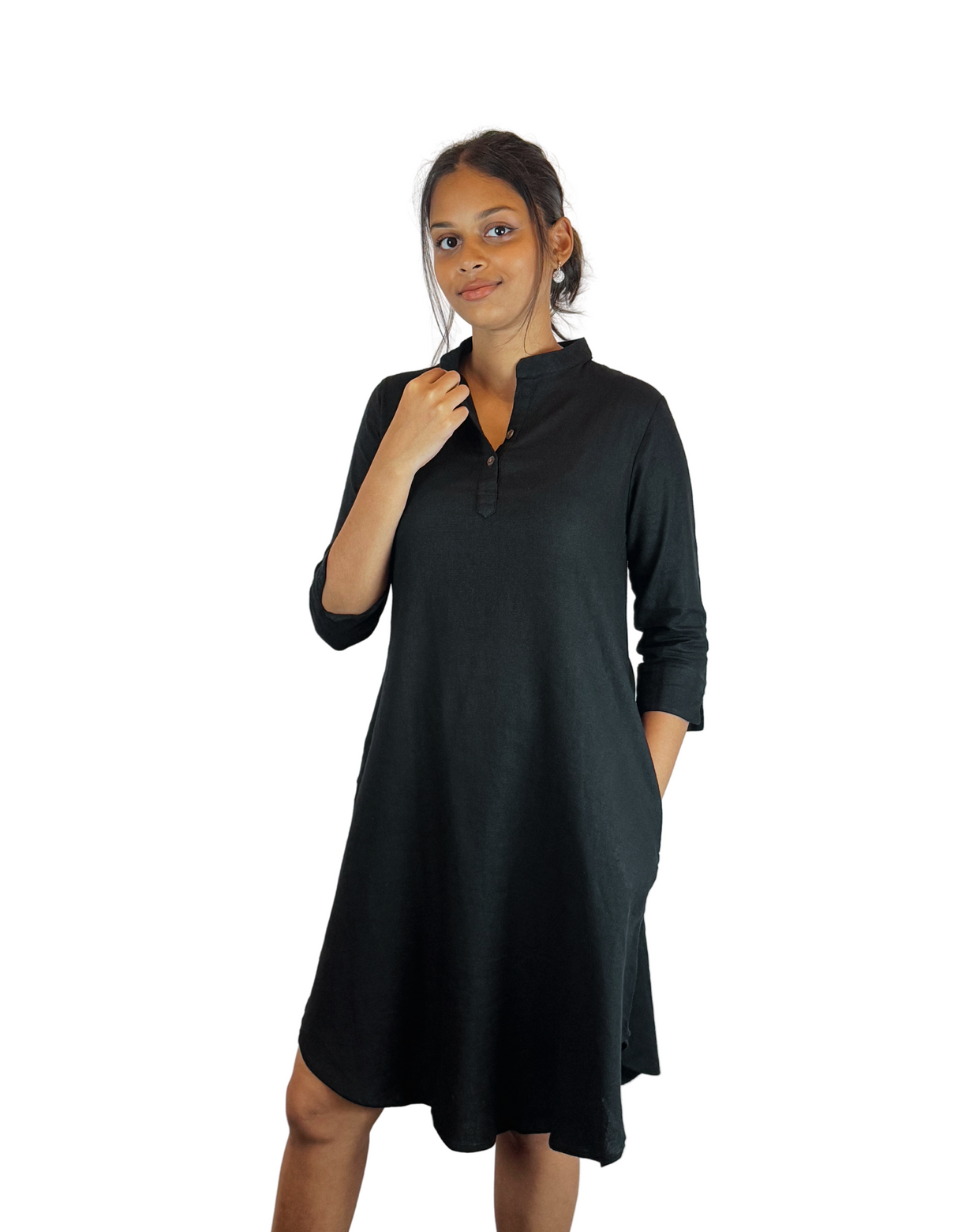 Chinese Neck 3/4 Sleeve Linen Dress by M&M Linen Collections