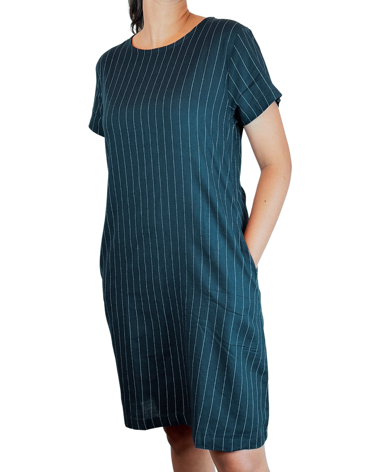 U Neck Linen Stripe Dress By M&M Linen Collection