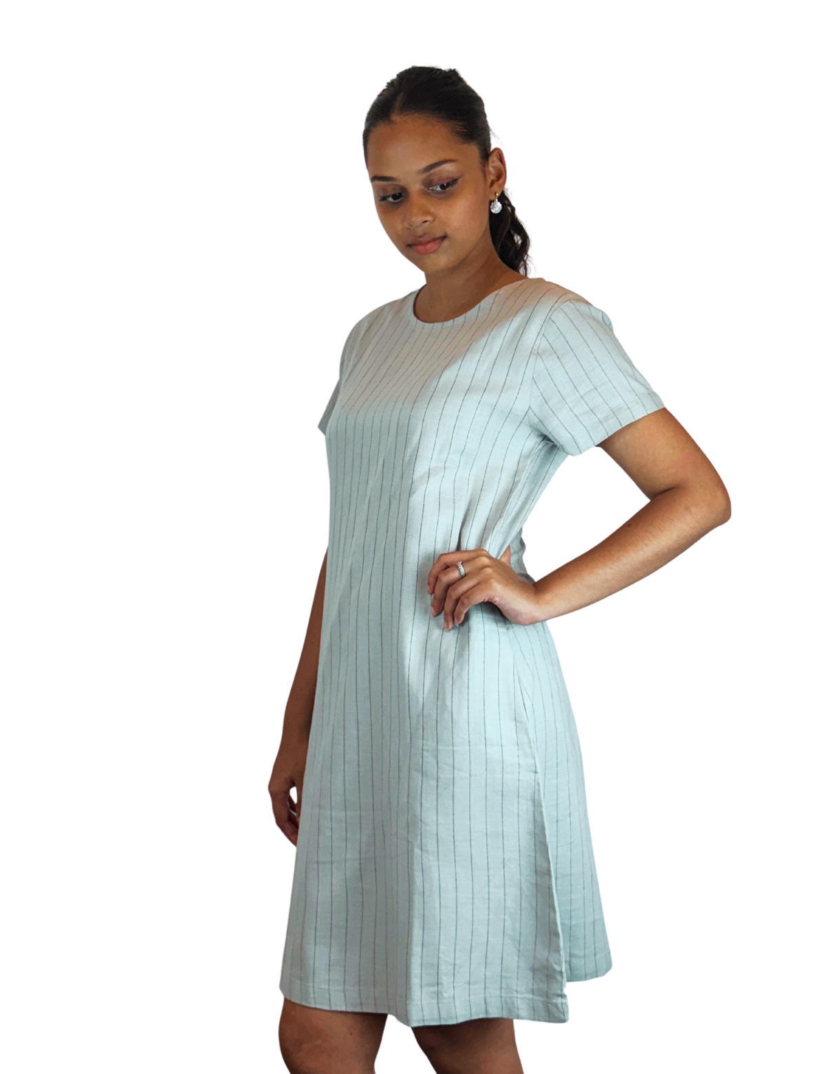 U Neck Linen Stripe Dress By M&M Linen Collection