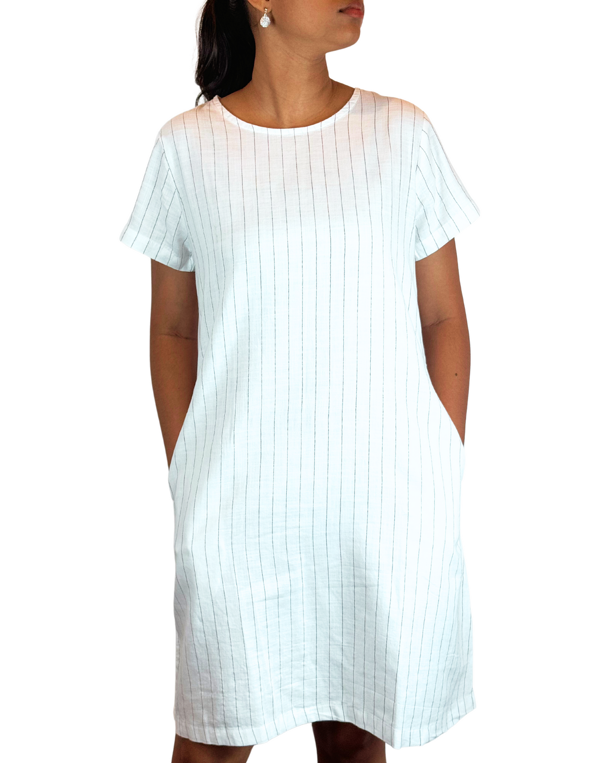 U Neck Linen Stripe Dress By M&M Linen Collection