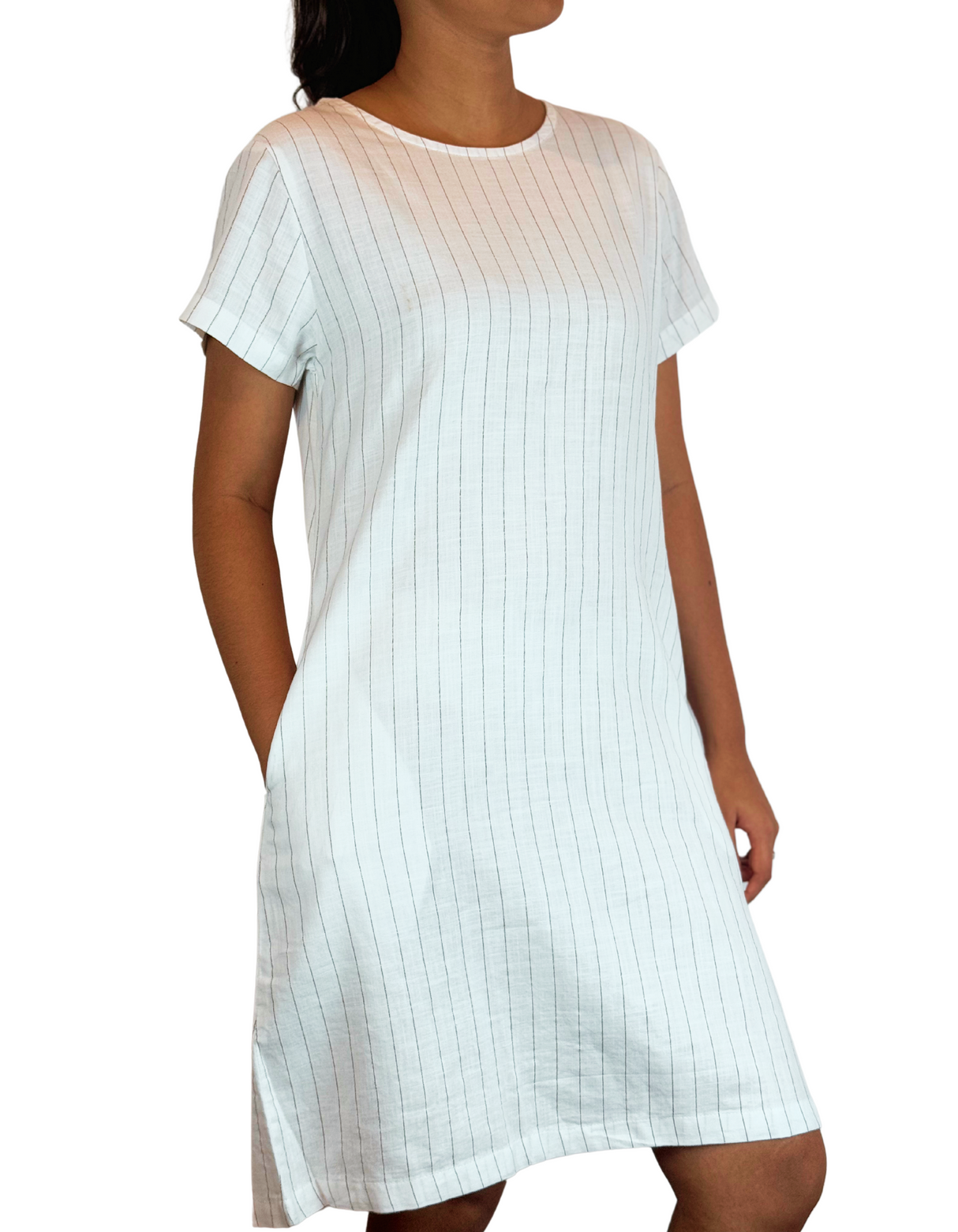 U Neck Linen Stripe Dress By M&M Linen Collection