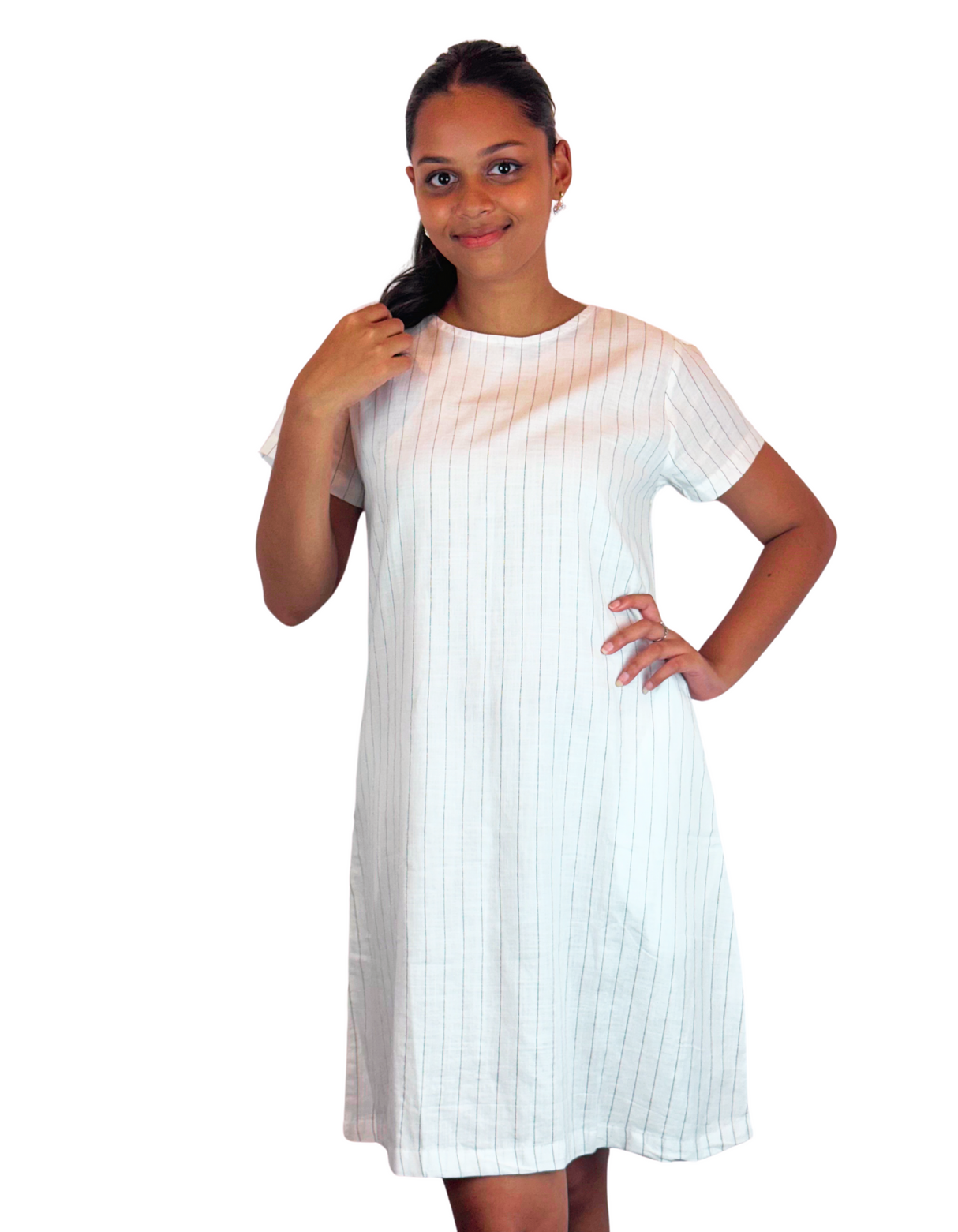 U Neck Linen Stripe Dress By M&M Linen Collection