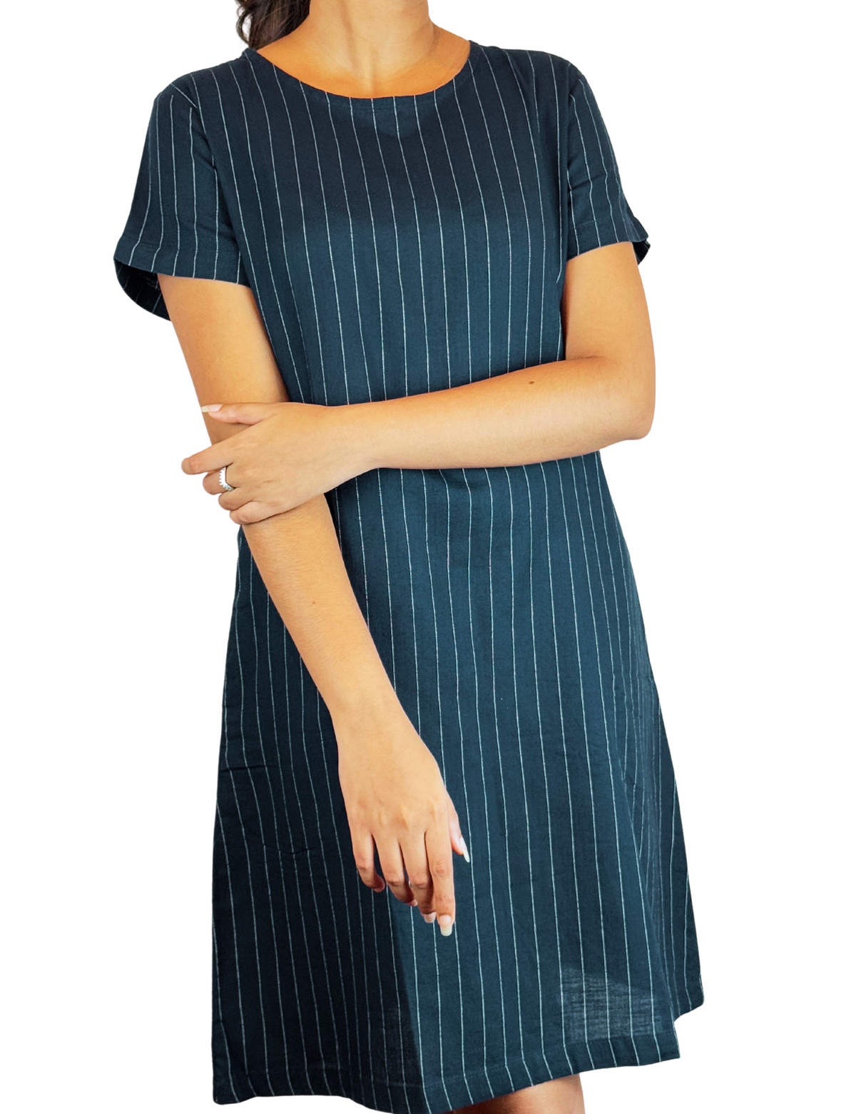 U Neck Linen Stripe Dress By M&M Linen Collection