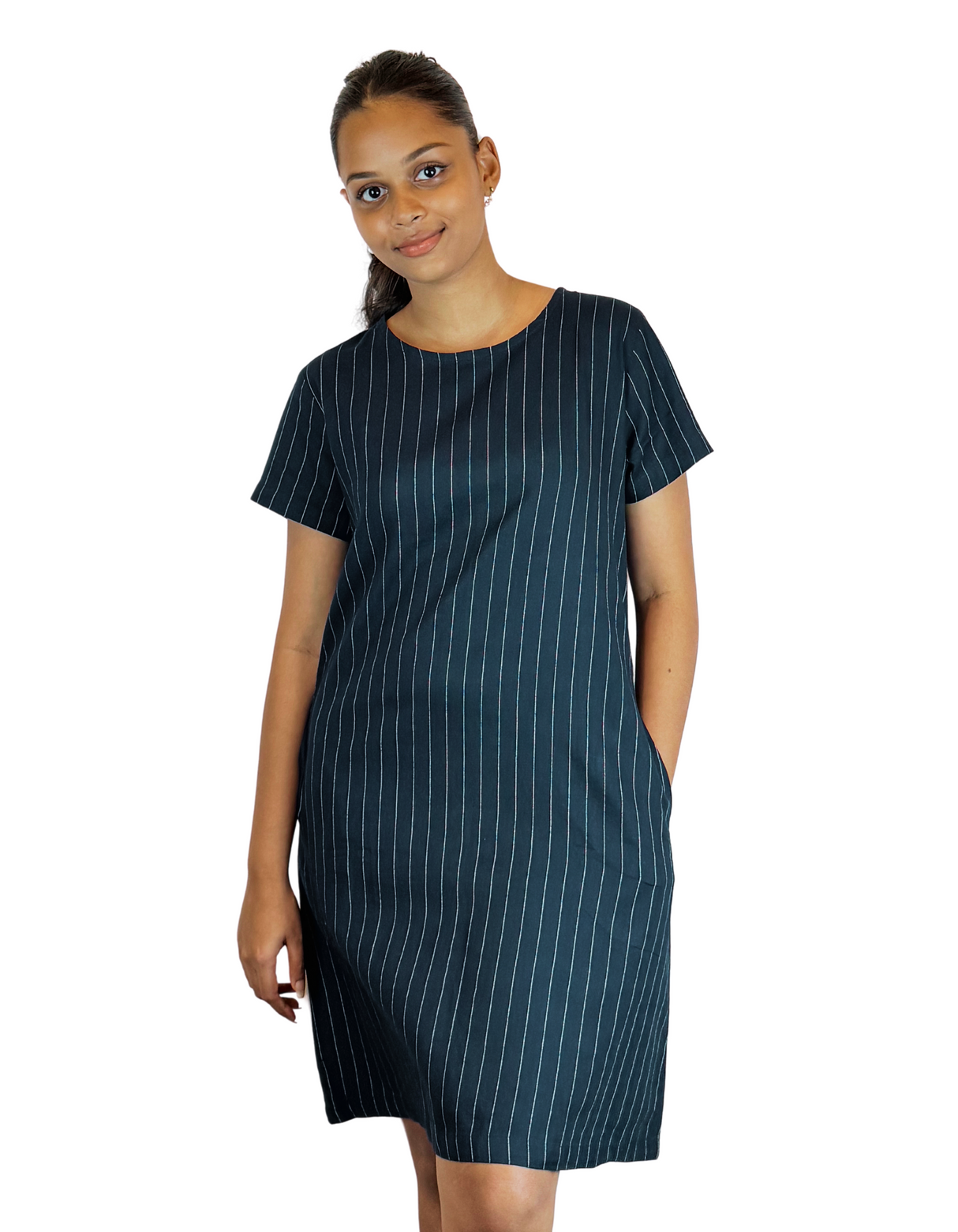 U Neck Linen Stripe Dress By M&M Linen Collection