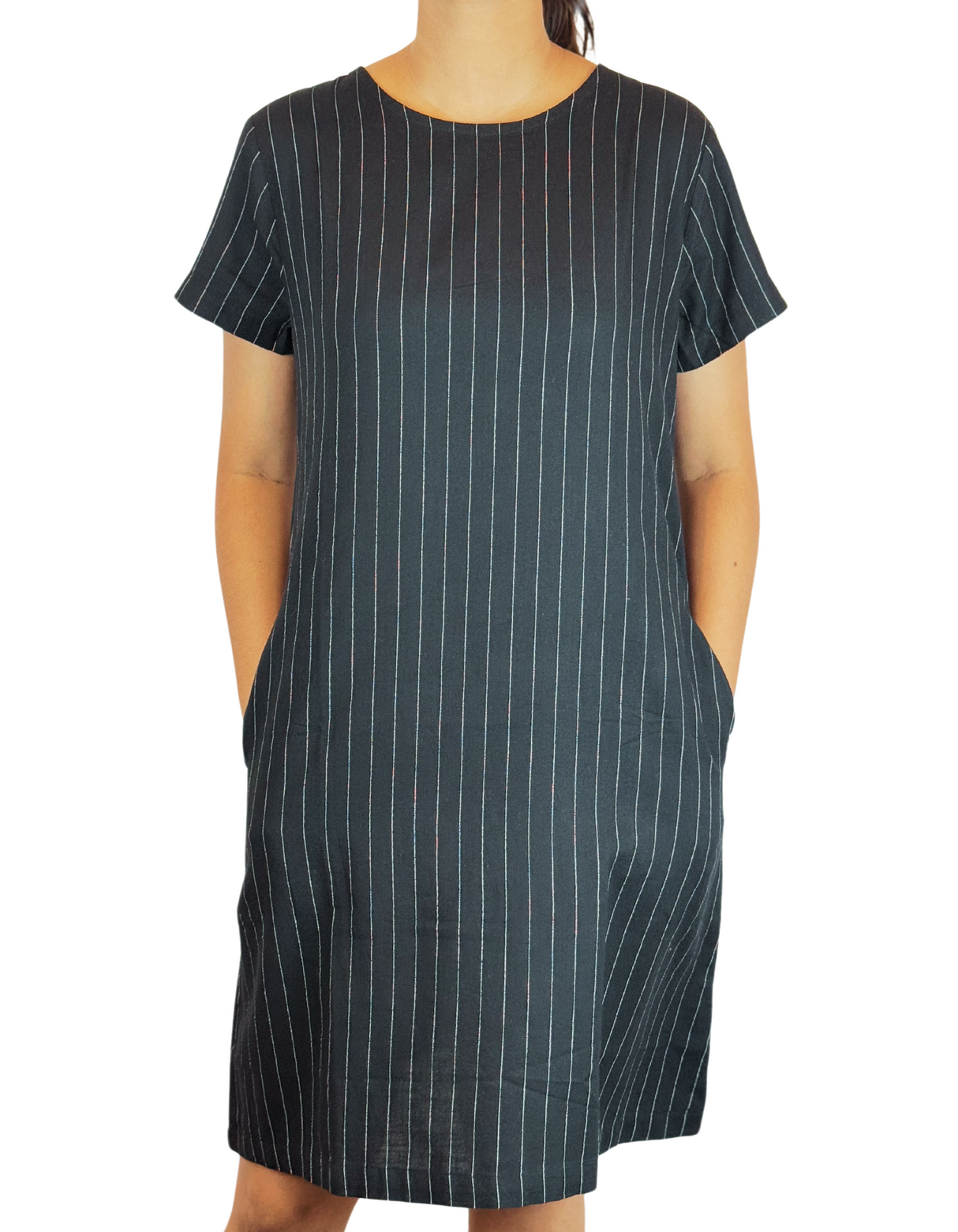 U Neck Linen Stripe Dress By M&M Linen Collection