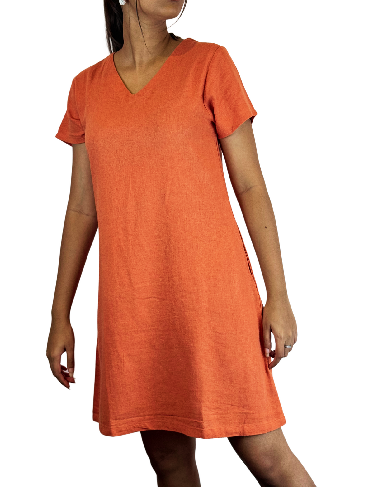 V Neck Plain Linen Dress by M&M Linen Collections