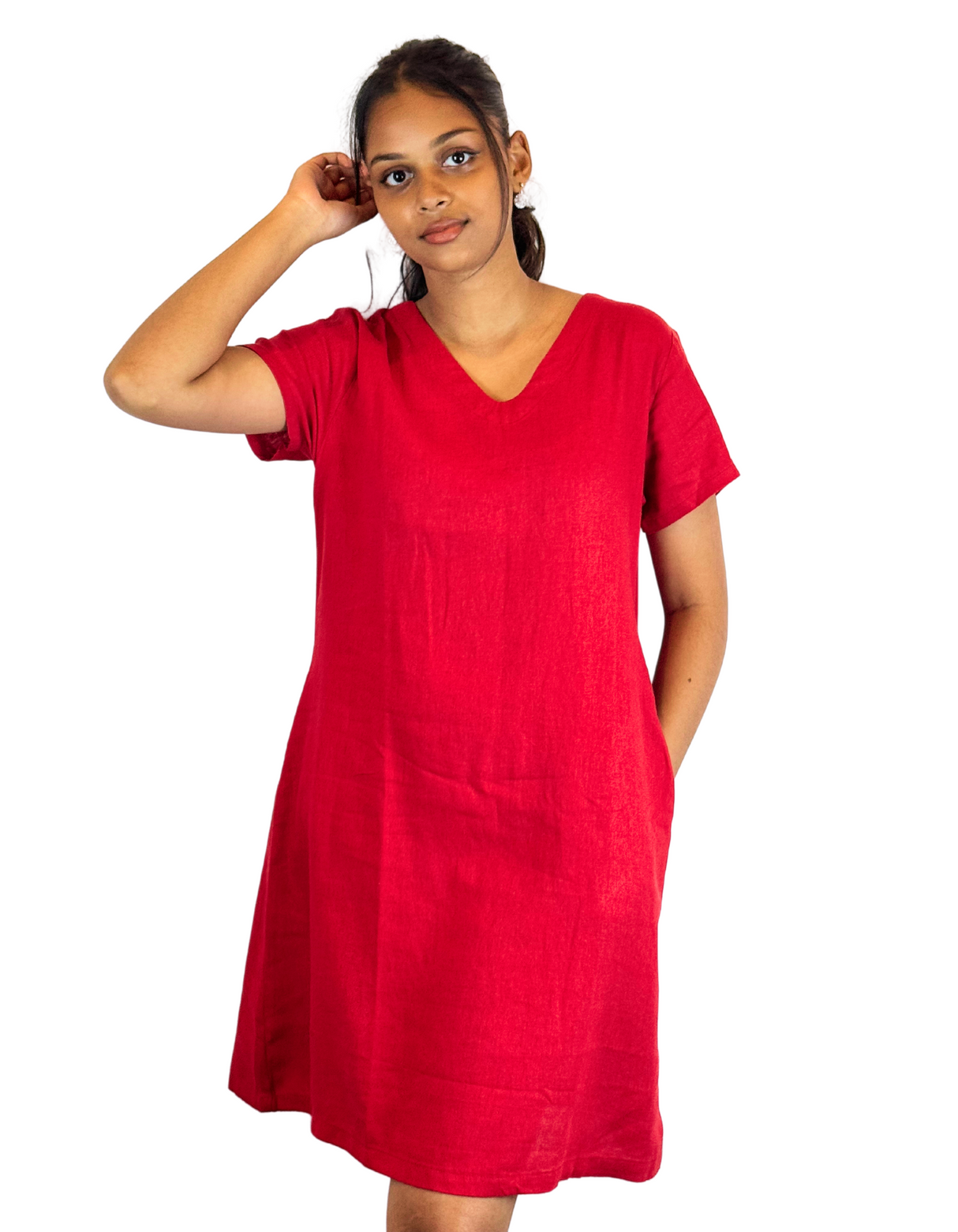 V Neck Plain Linen Dress by M&M Linen Collections